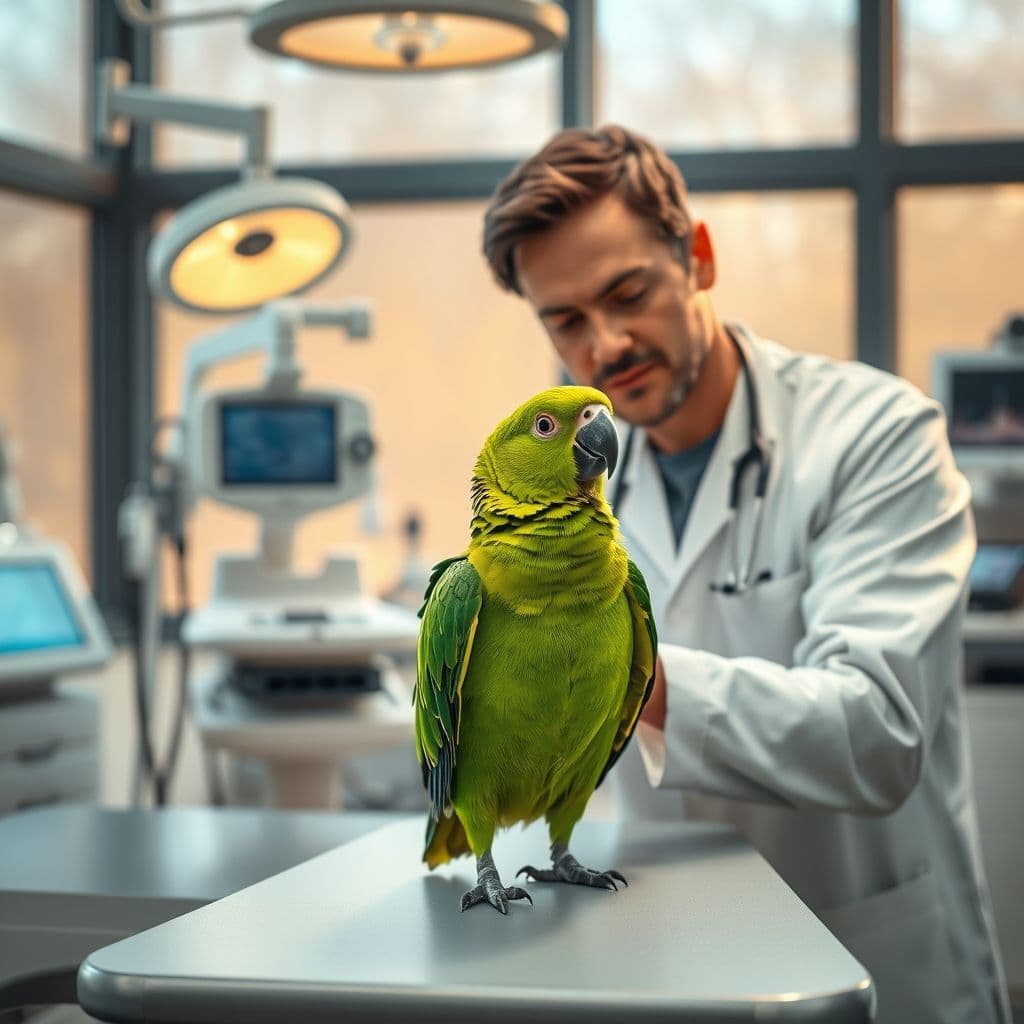 Veterinario examinando ave mascota después de accidente