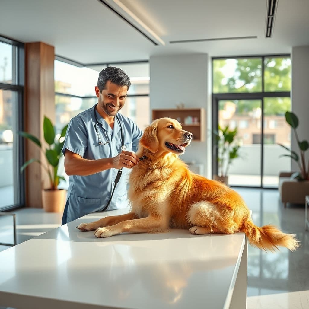 Imagen de un perro siendo atendido por un veterinario en una clínica moderna