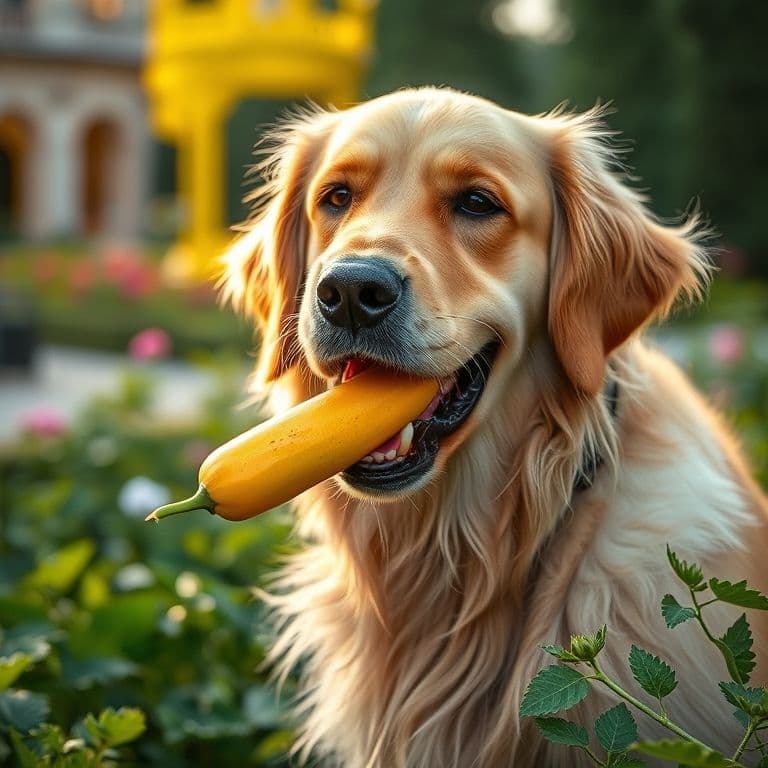 Perro feliz masticando una zanahoria cruda en un jardín soleado