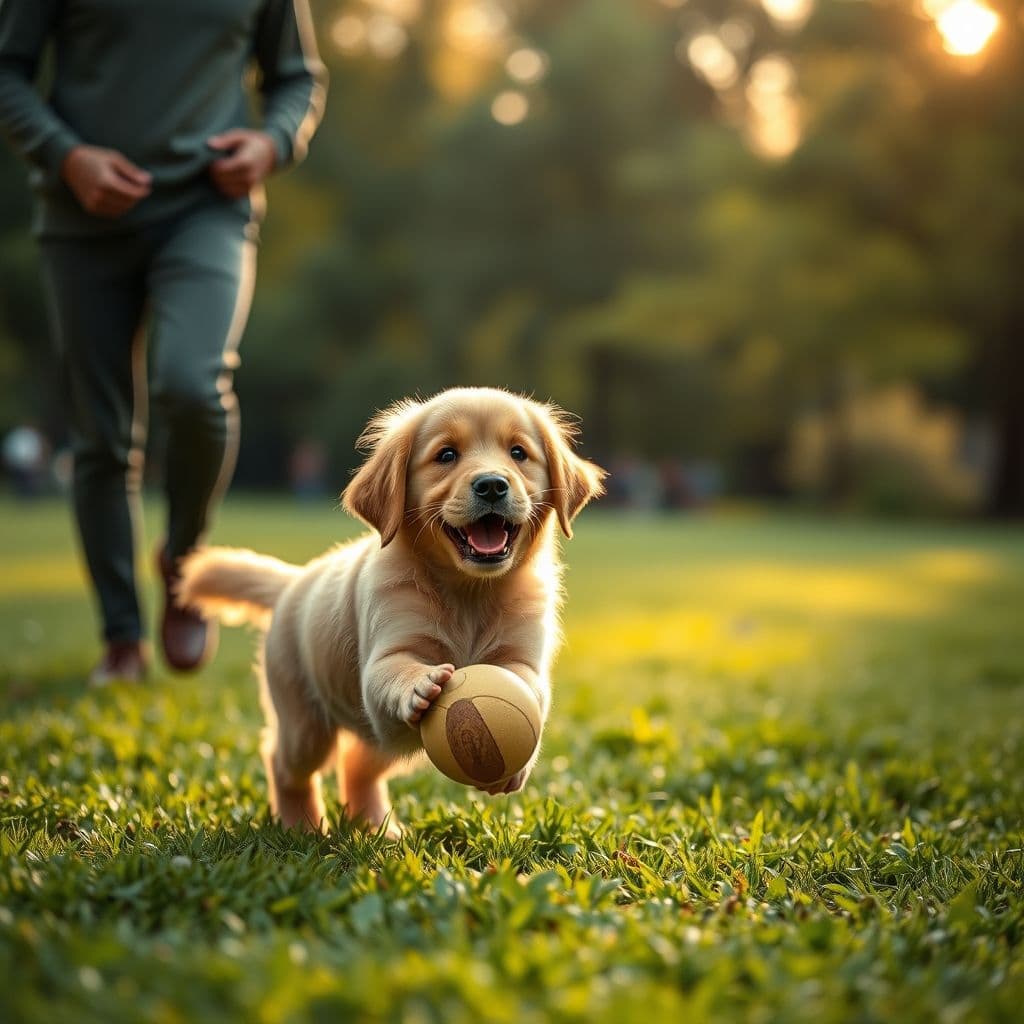 Cachorro dorado jugando con su dueño en el parque