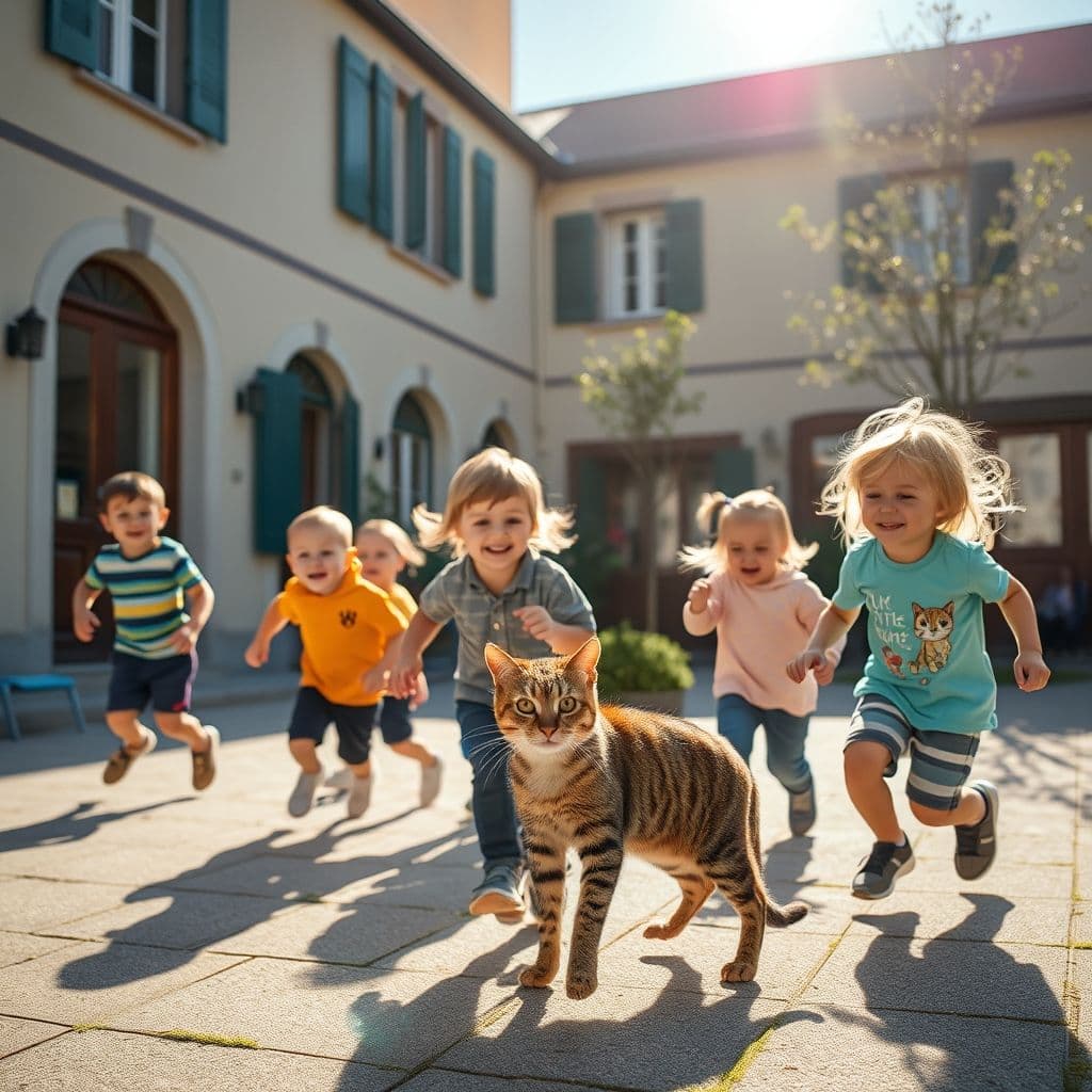 Gato comunitario en un colegio, siendo acariciado por niños.