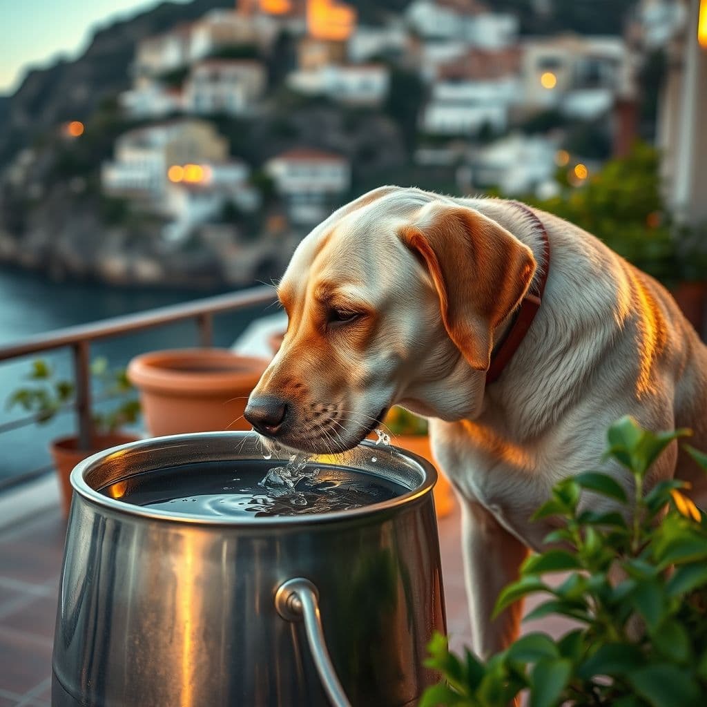 Perro bebiendo agua fresca de un bebedero en un día caluroso