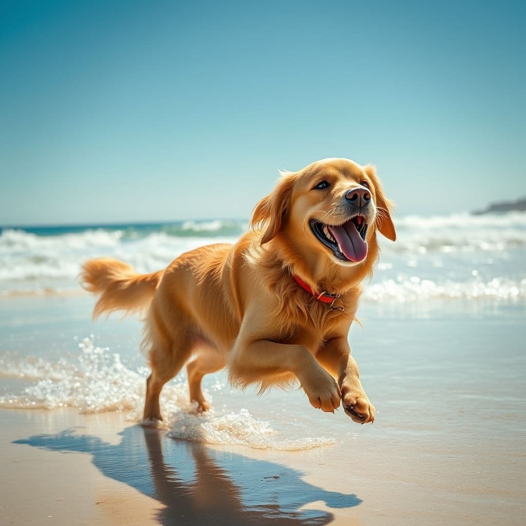 Perro feliz jugando en la playa bajo el sol
