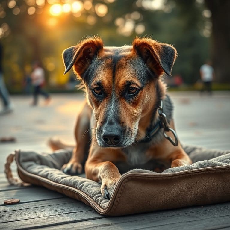 Un perro mestizo de edad avanzada utilizando una alfombra de olfato en el suelo de una sala, concentrado en buscar premios escondidos entre las tiras de tela.