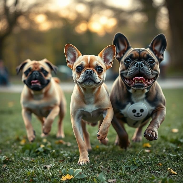 Grupo de razas pequeñas y braquicéfalas jugando en un parque