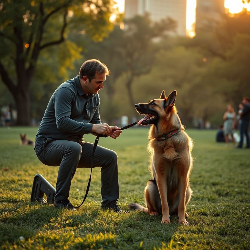 Dueño trabajando con un adiestrador canino profesional en un parque