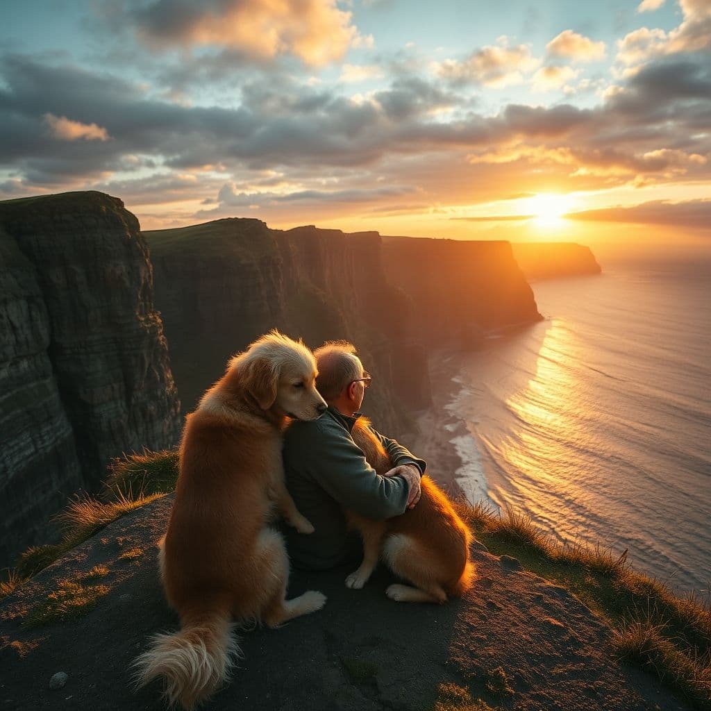 Perro y dueño disfrutando de un atardecer en la montaña, mirando al horizonte.