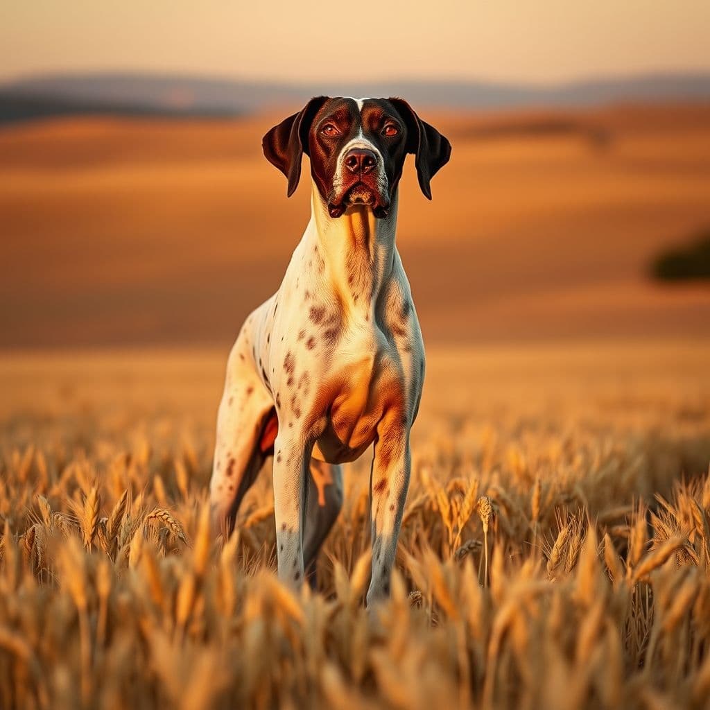 Pointer Inglés adulto en un campo abierto, mostrando su contextura atlética y mirada alerta.