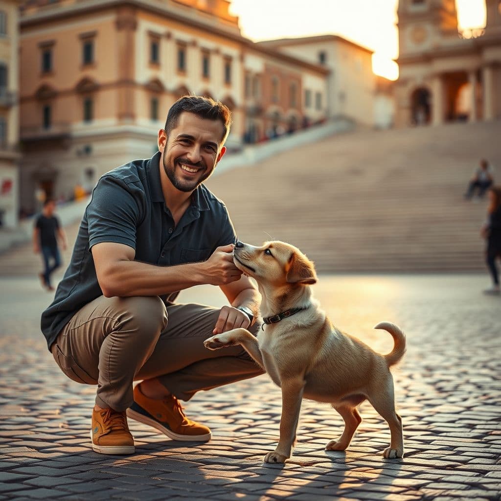 Dueño felicitando a su cachorro después de sentarse