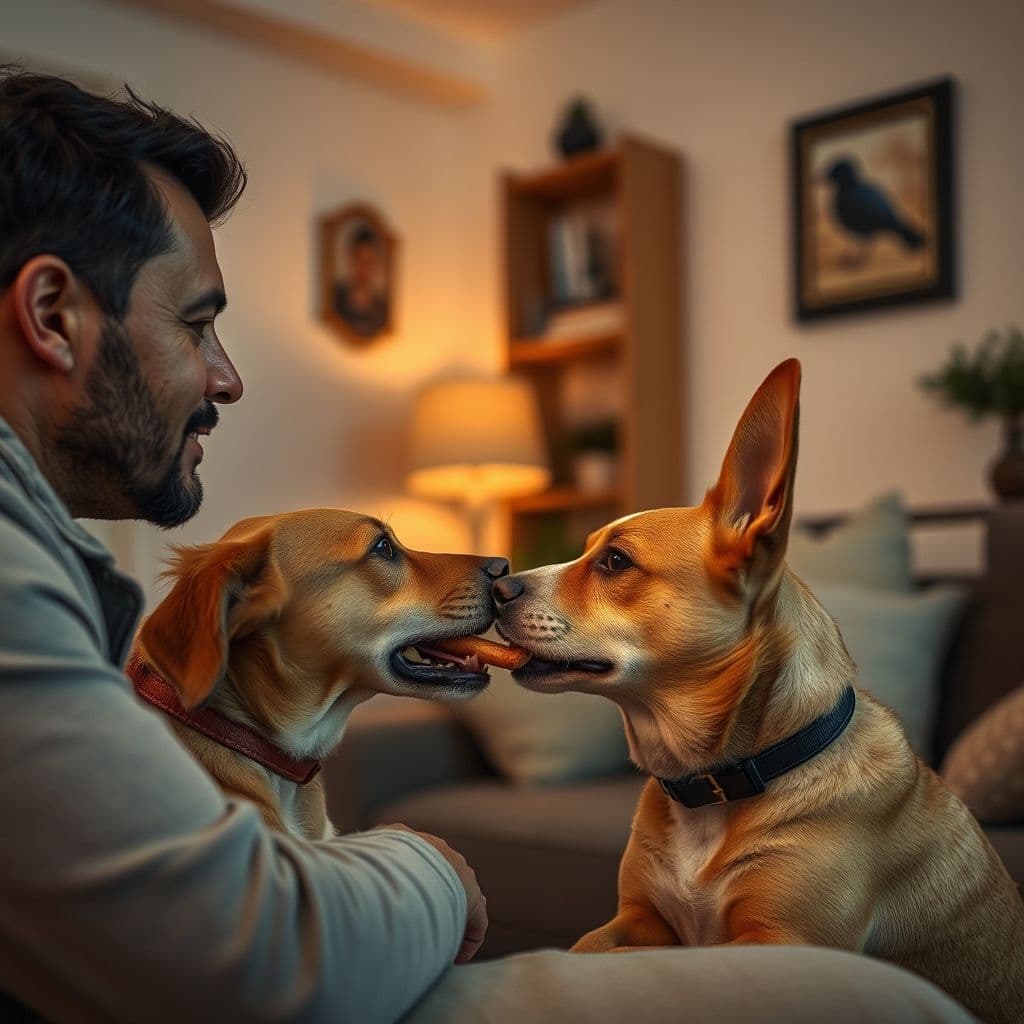 Dueño supervisando de cerca a su perro durante el consumo de snacks