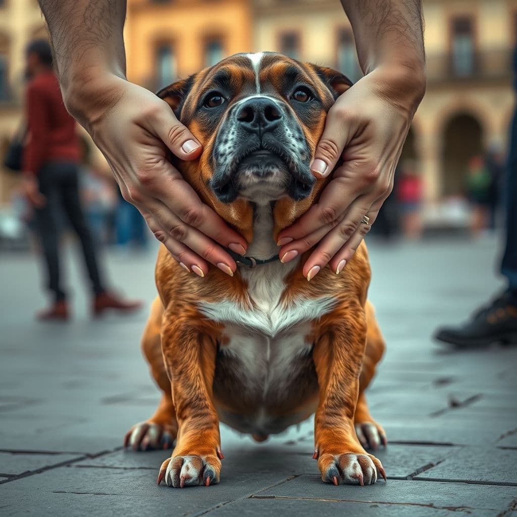 Dueño masajeando el pecho de su perro entre las patas delanteras