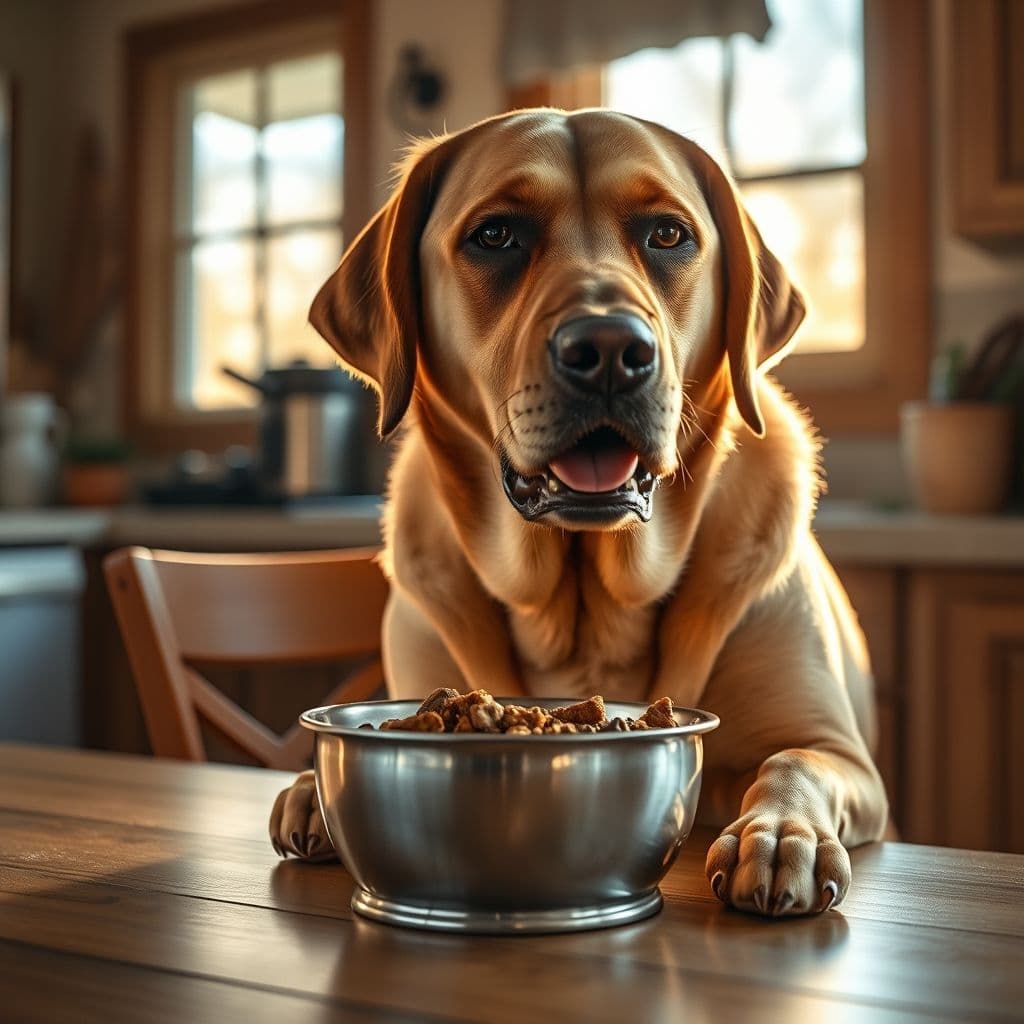 Perro comiendo de su cuenco después de un paseo