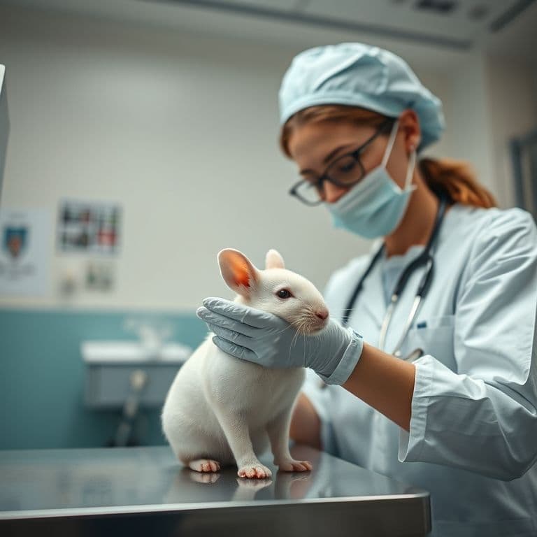 Veterinario realizando un chequeo de rutina a un conejo en una clínica.