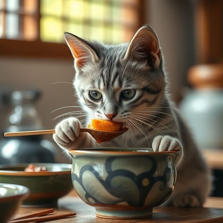Gatito bebé comiendo comida húmeda de un plato pequeño