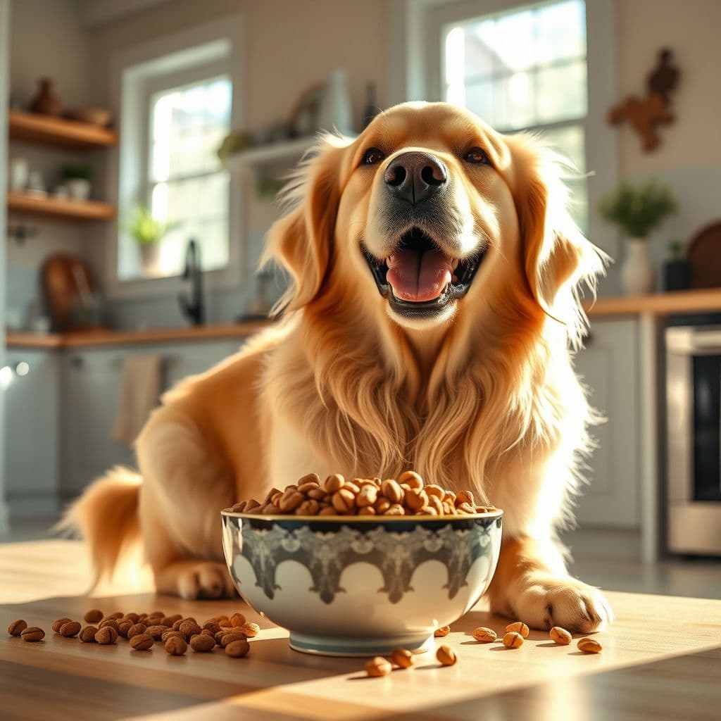 Perro feliz comiendo pienso de alta calidad en un comedero moderno