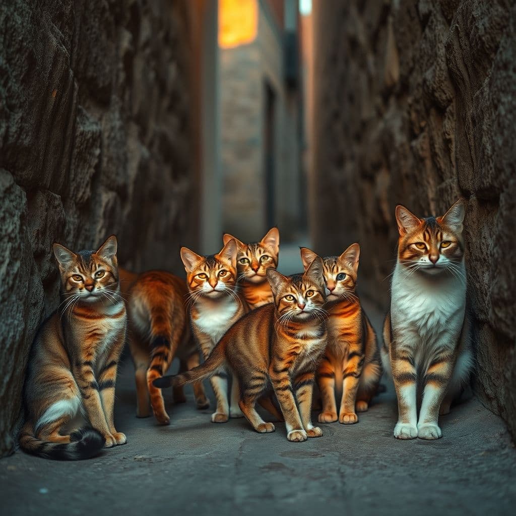 Grupo de gatos callejeros esperando comida en Torreblanca