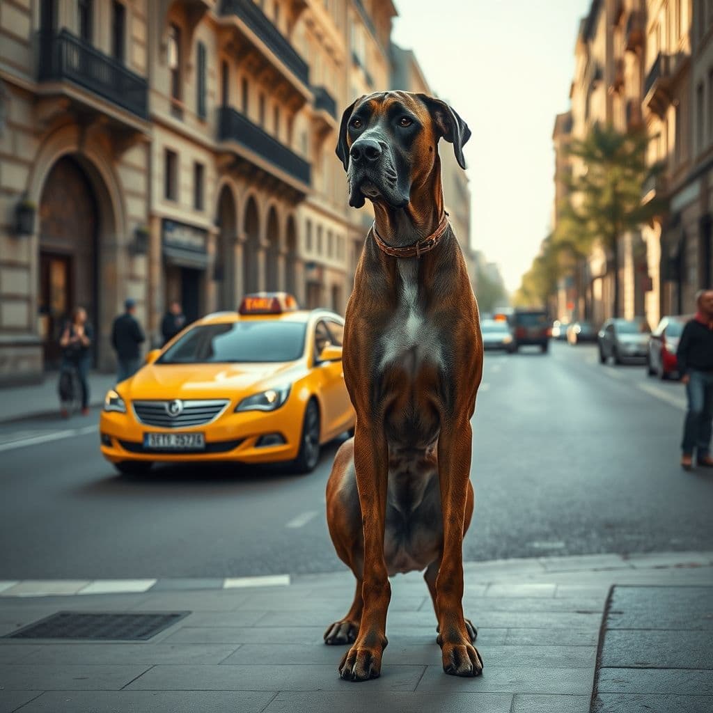 Persona con perro grande esperando taxi en una calle urbana de España