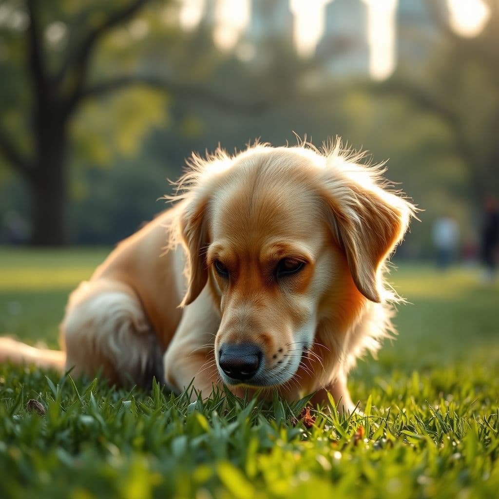 Perro olfateando heces en el suelo con expresión curiosa