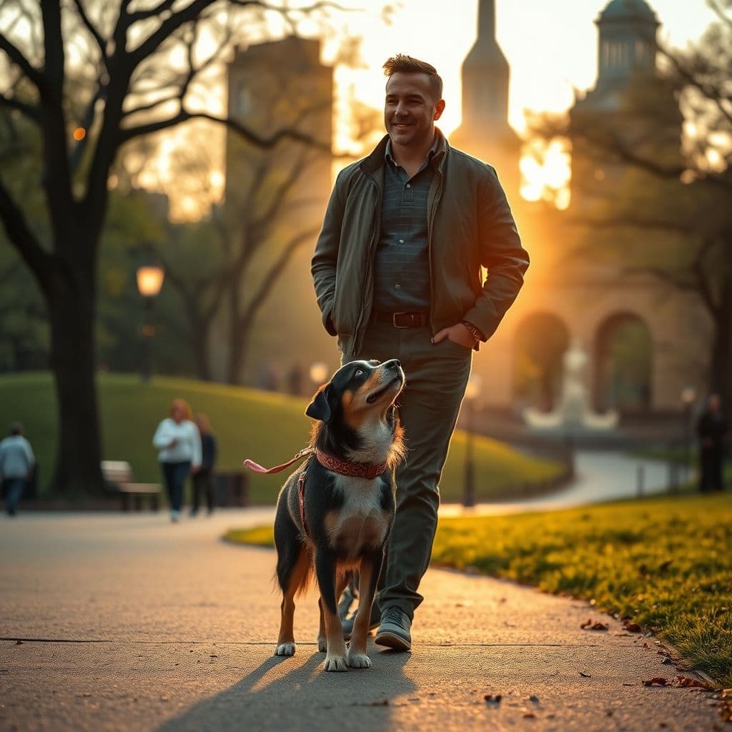 Dueño caminando con su perro mostrando liderazgo durante el paseo