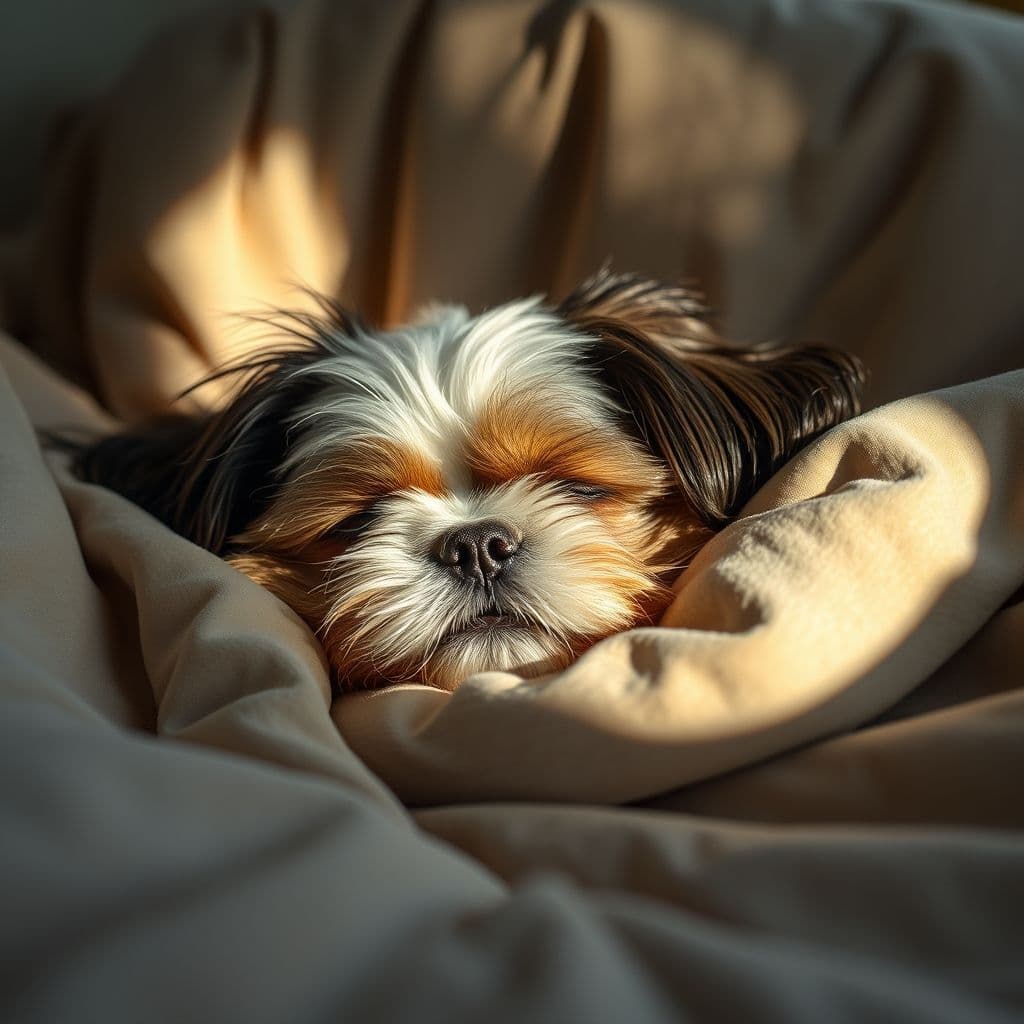 Shih Tzu durmiendo plácidamente en su cama con expresión de total relajación