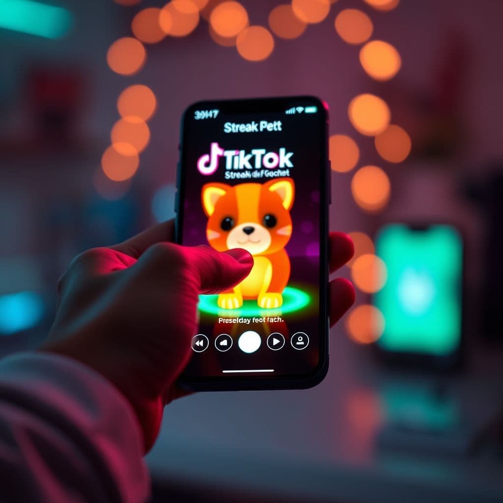 Persona alimentando mascota virtual racha en pantalla de TikTok con interfaz colorida