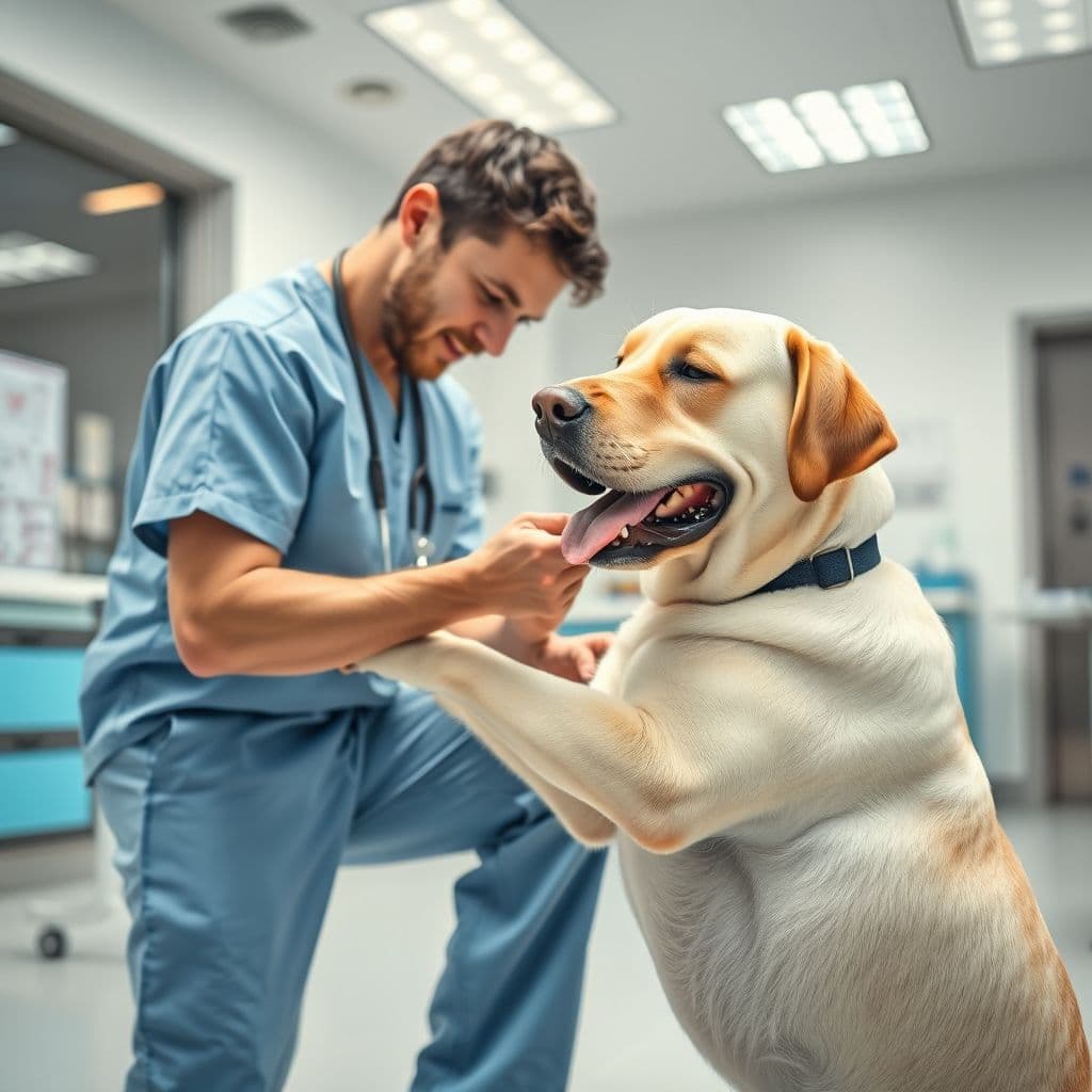 Veterinario examinando las patas de un perro en una clínica.