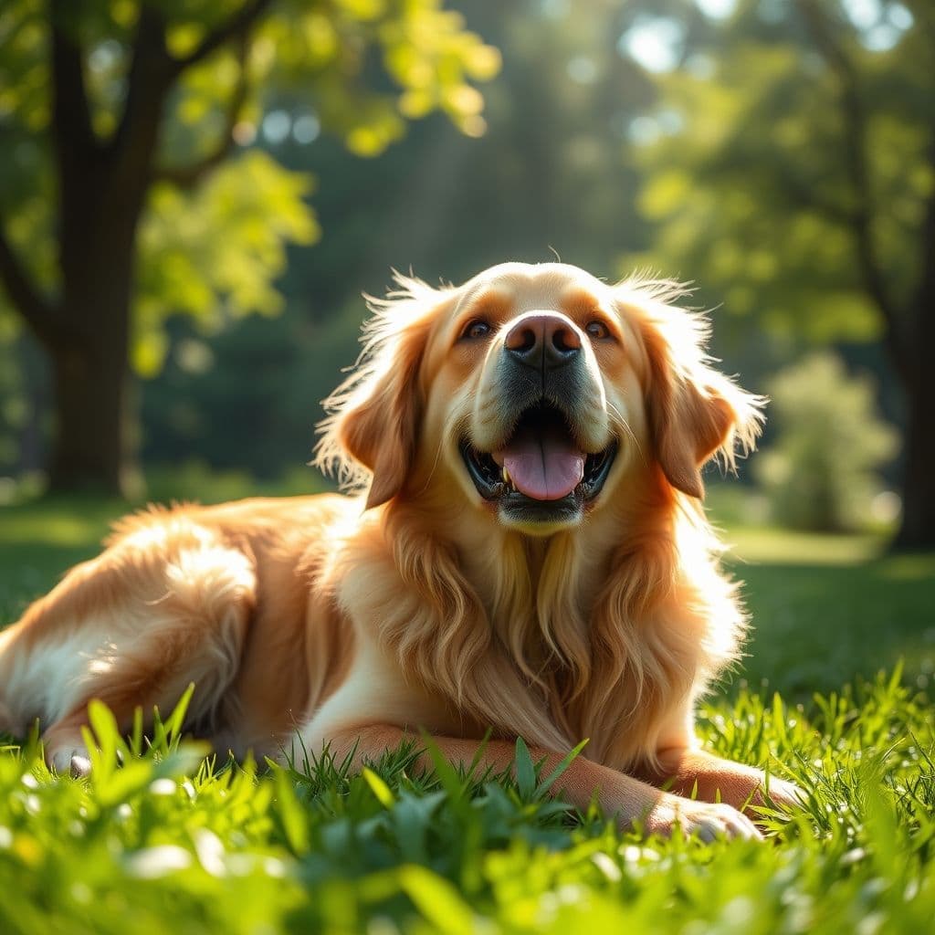 Perro feliz con protector solar aplicado en su nariz y orejas, disfrutando de un día soleado en el parque.