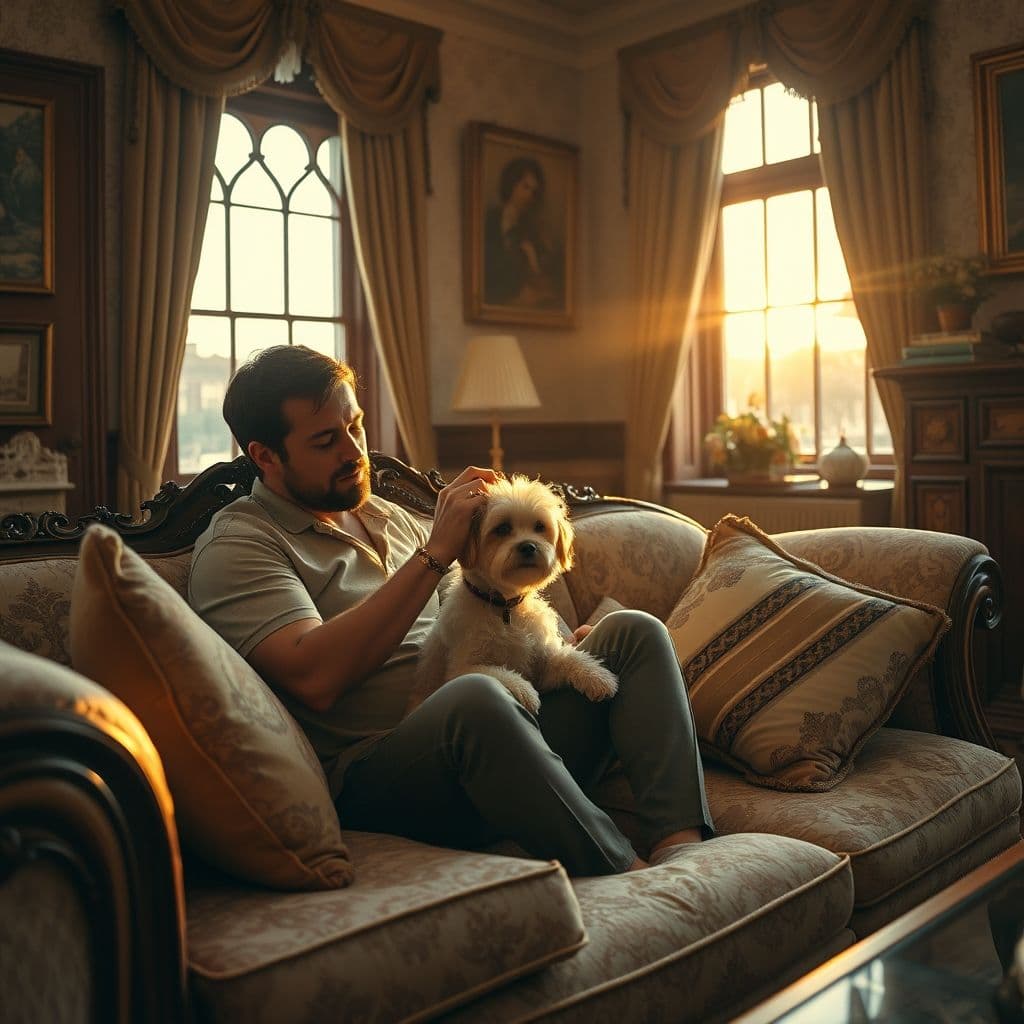 Dueño cepillando cuidadosamente a su Maltipoo en el sofá