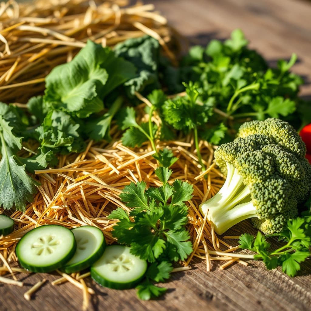 Variedad de alimentos saludables para conejos: heno y vegetales frescos