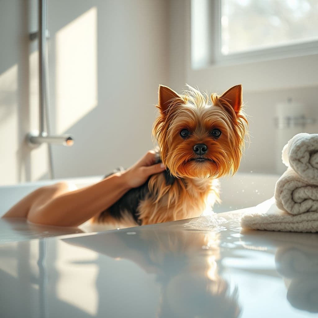 Dueño bañando a su perro en casa con técnicas relajantes y productos naturales