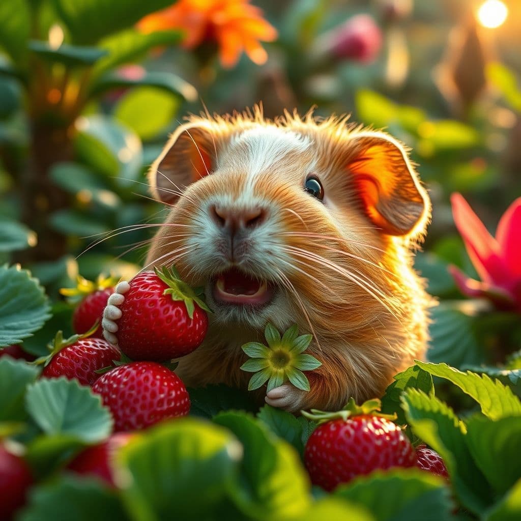 Cuy feliz y saludable comiendo fresas ricas en vitamina C