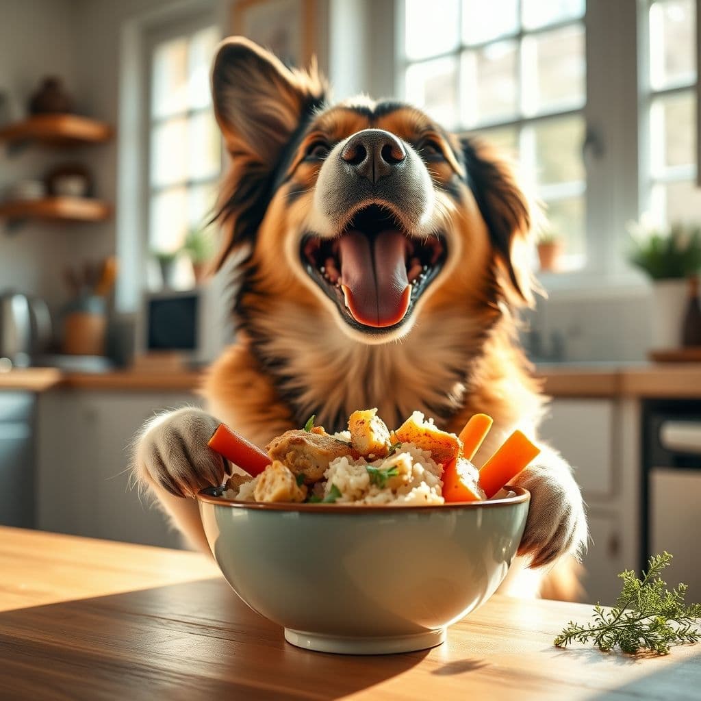Perro feliz comiendo comida casera con ingredientes naturales