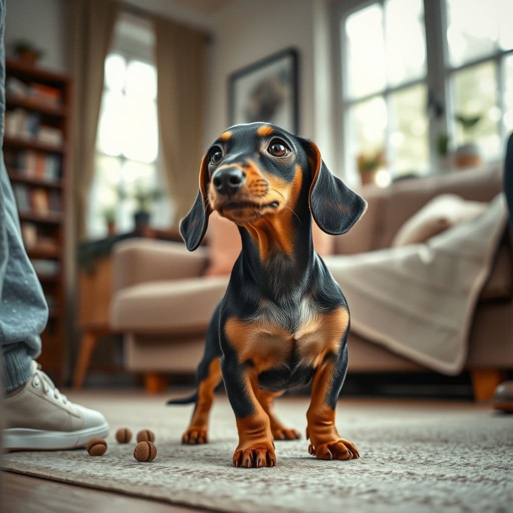 Perro salchicha siendo entrenado con paciencia y premios pequeños