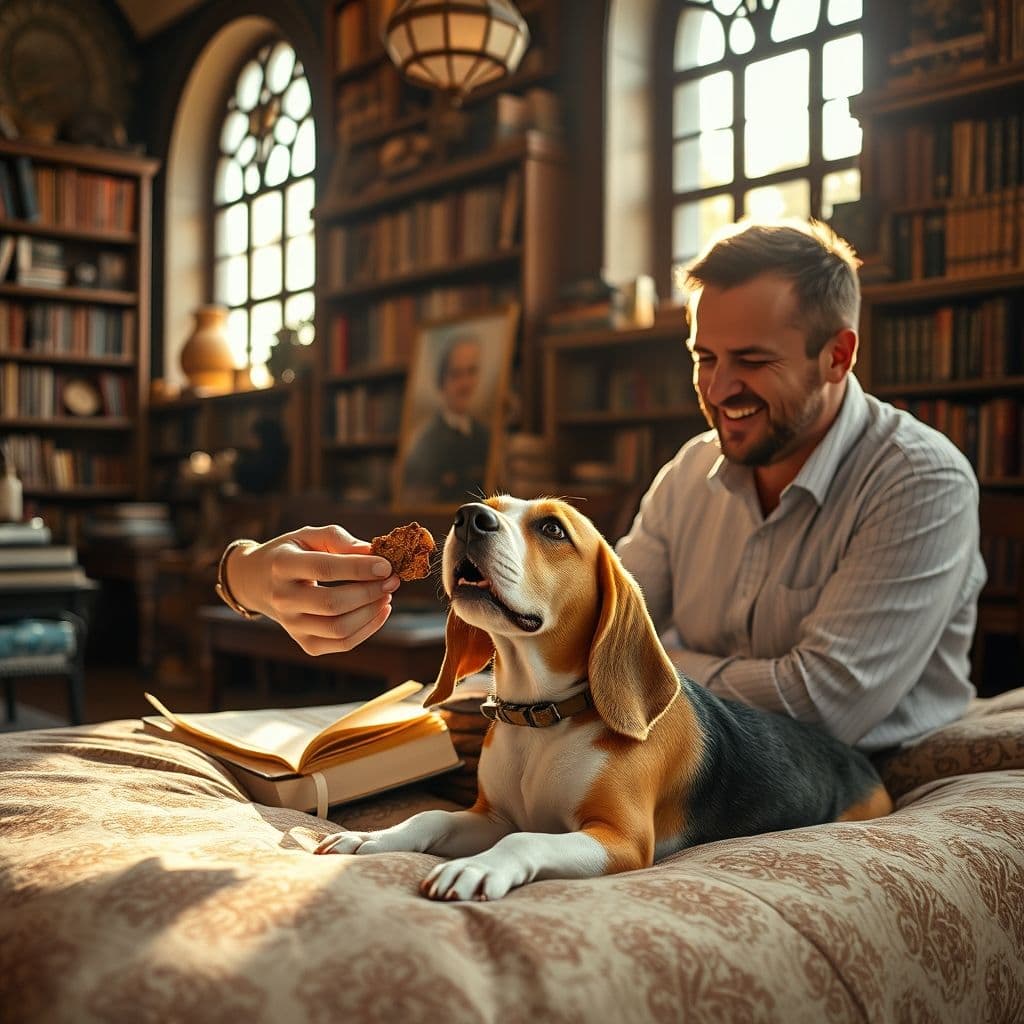 Dueño premiando a su perro por quedarse en su cama.