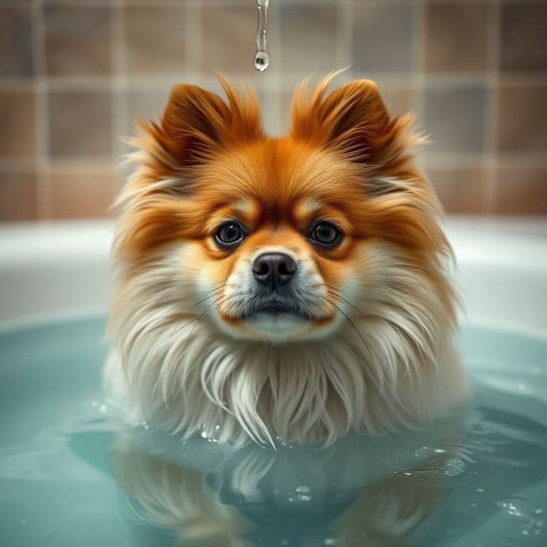 Pomerania siendo bañado cuidadosamente con champú especial en un ambiente controlado