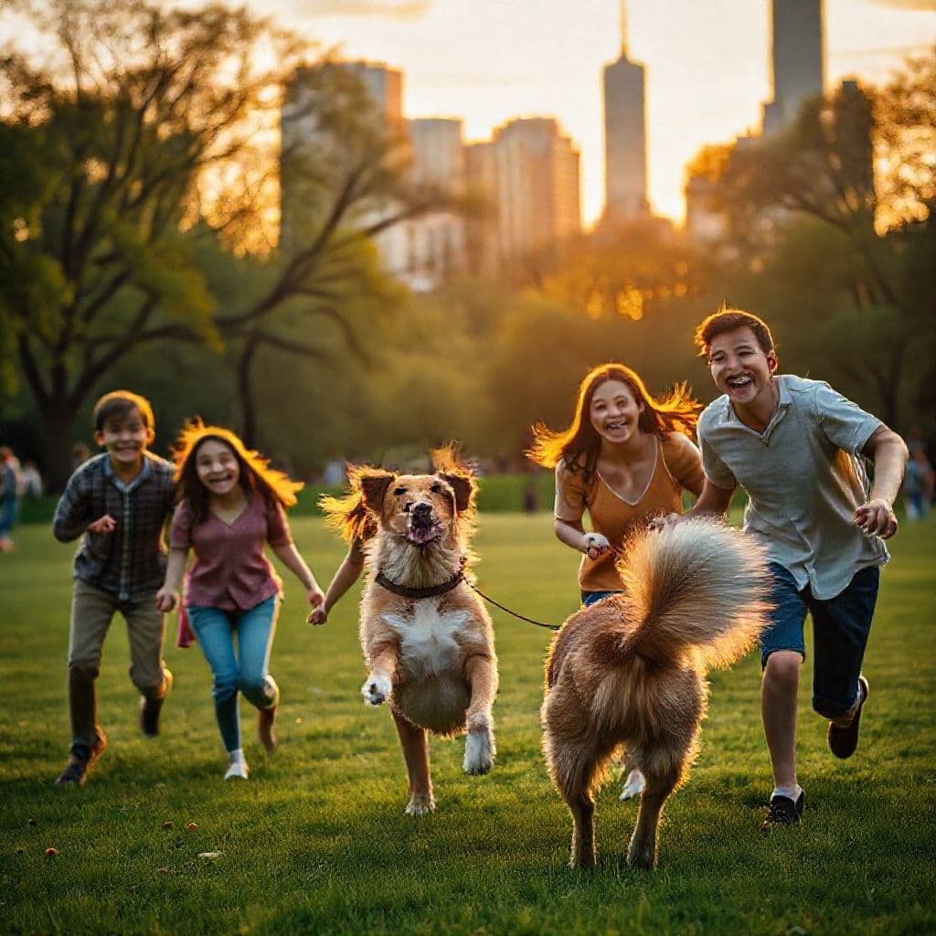 Familia jugando con su perro en un parque soleado