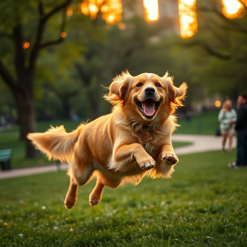 Perro saltando con alegría para saludar a su dueño en un parque soleado