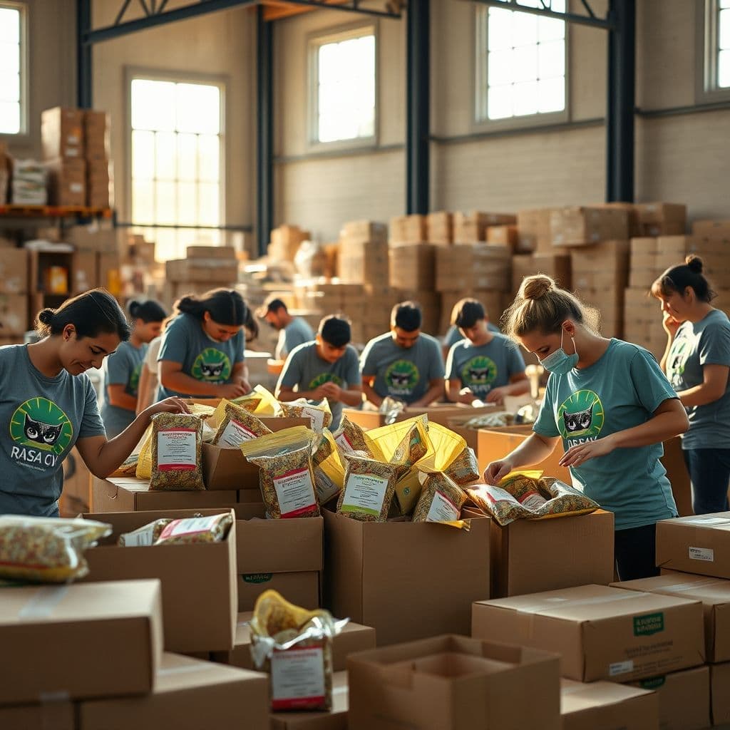 Voluntarios de RASA CV y Refugio Orejotas organizando donaciones de pienso en Valencia