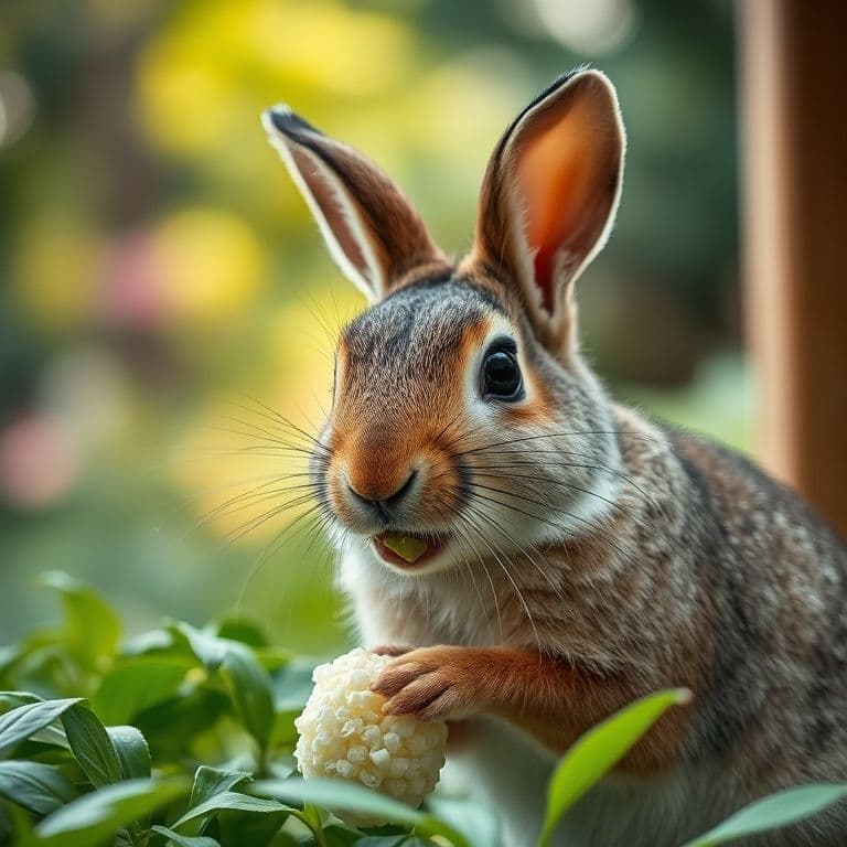 Conejo masticando heno fresco en un comedero de madera.