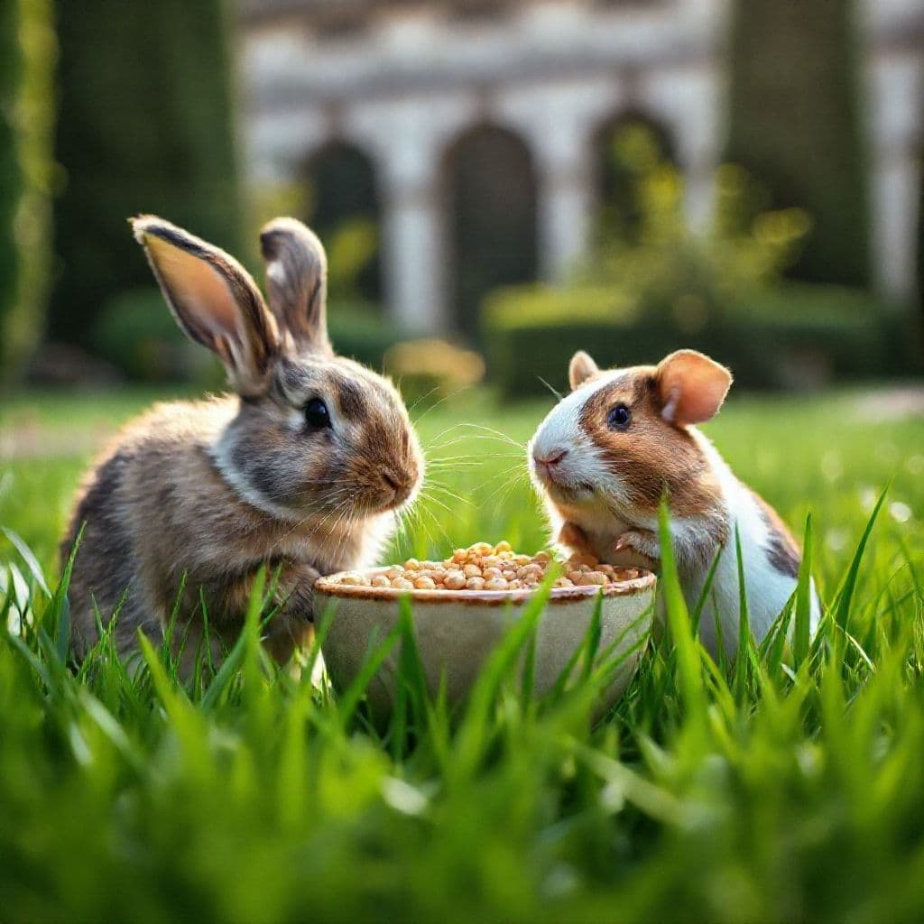 Conejo y cobaya felices comiendo pienso Oxbow en un entorno natural