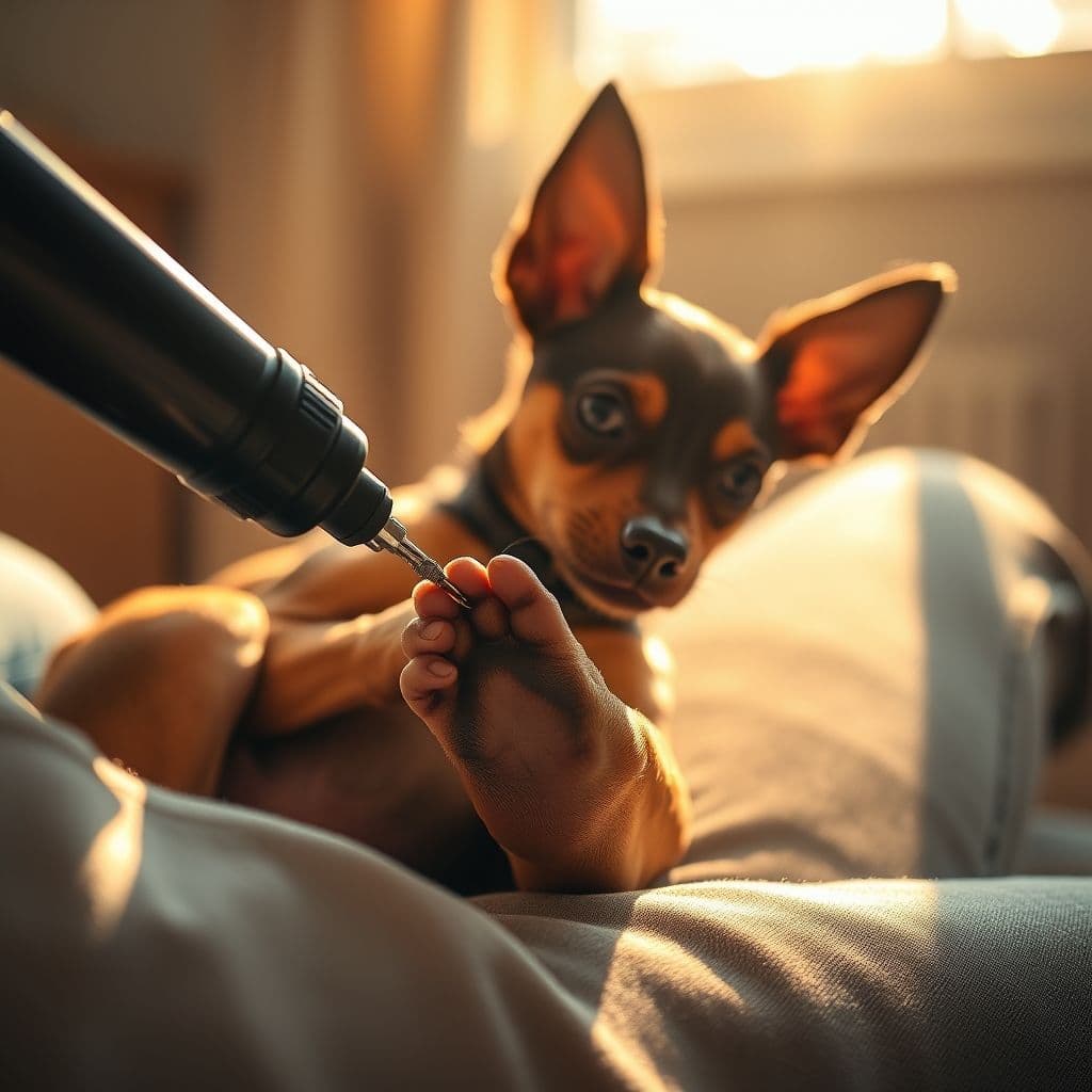 Perro relajado mientras se le liman las uñas con una lima eléctrica en un ambiente tranquilo