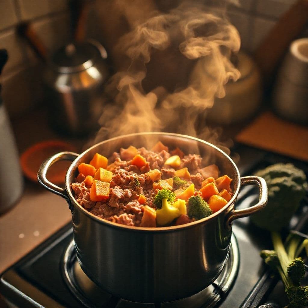 Olla con comida casera para perros en preparación, mostrando ingredientes frescos
