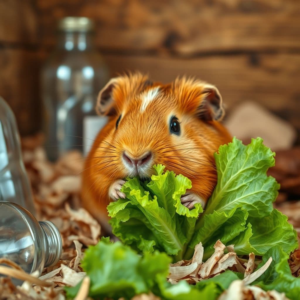 Conejillo de indias comiendo verduras frescas en un hábitat limpio y espacioso