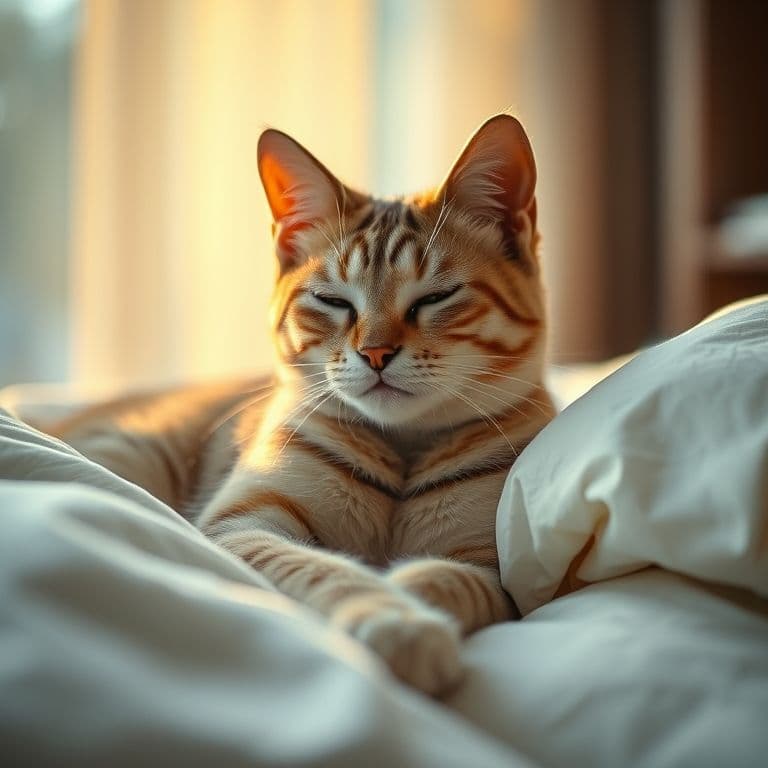Gato tabby ronroneando y haciendo cariños a su dueño en la cama