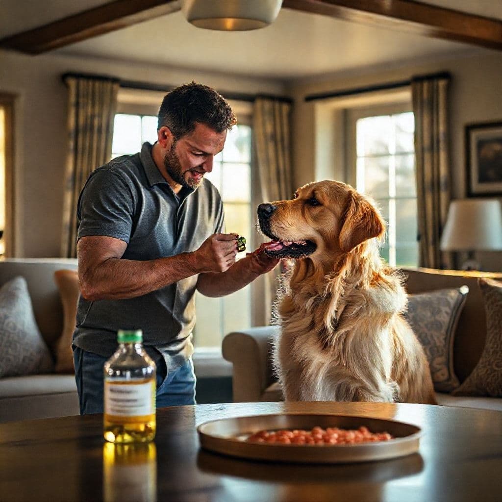 Dueño administrando Peturol a su perro con problemas renales