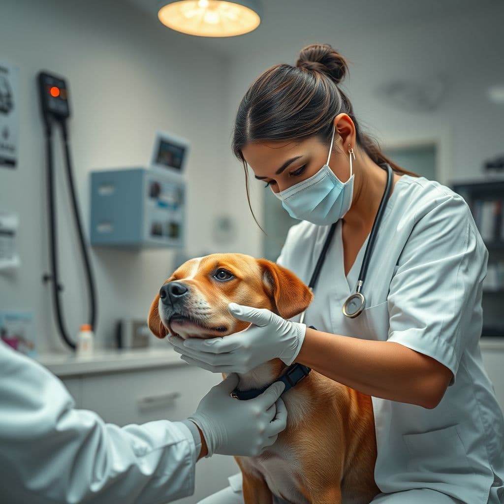 Veterinario examinando a un perro con expresión preocupada en clínica veterinaria