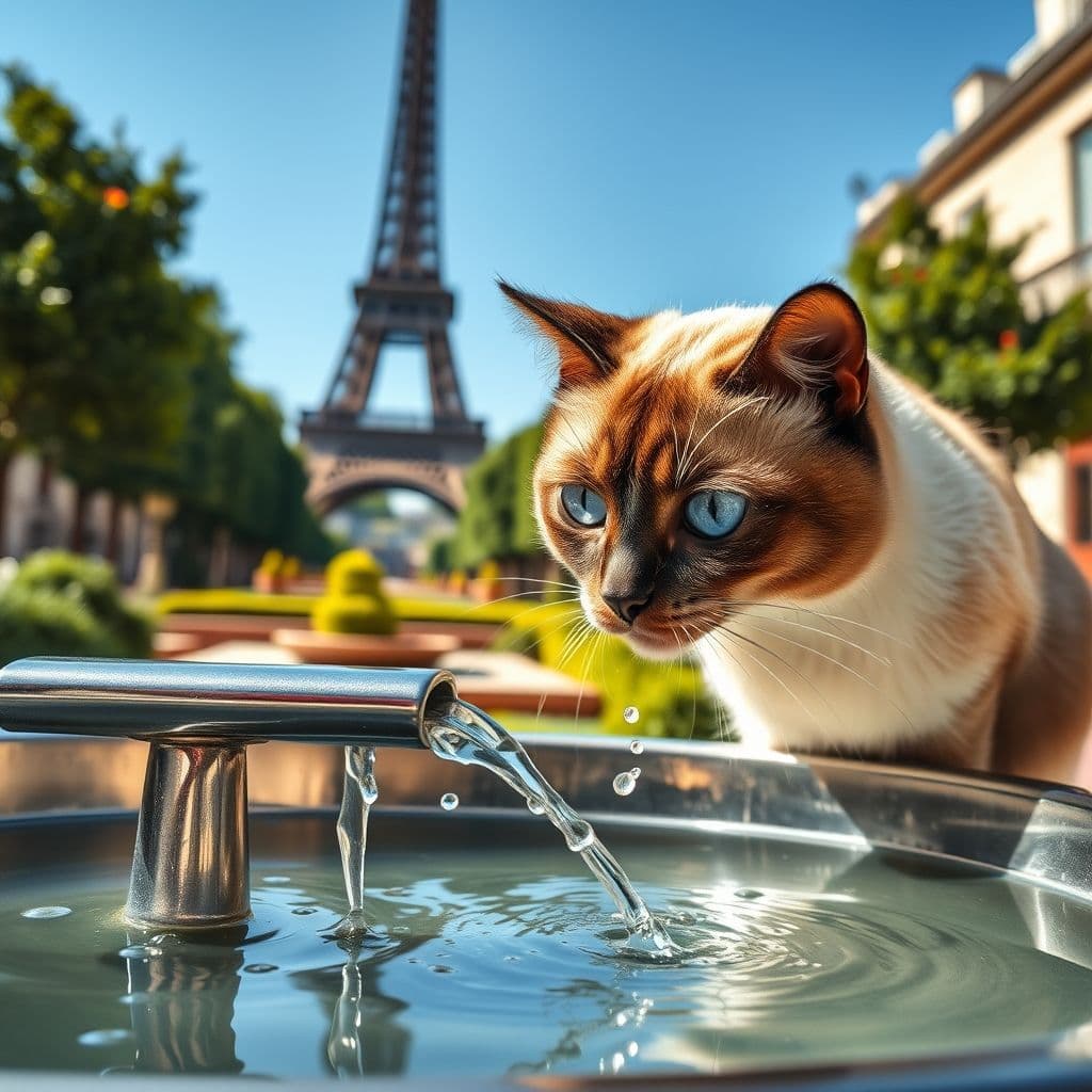 Gato bebiendo agua de una fuente moderna con diseño elegante