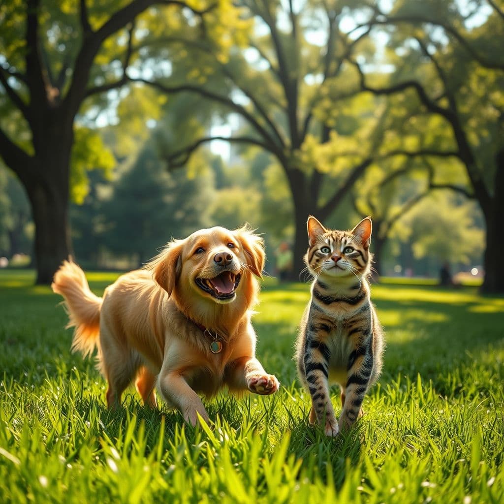 Perro y gato jugando juntos en un parque soleado