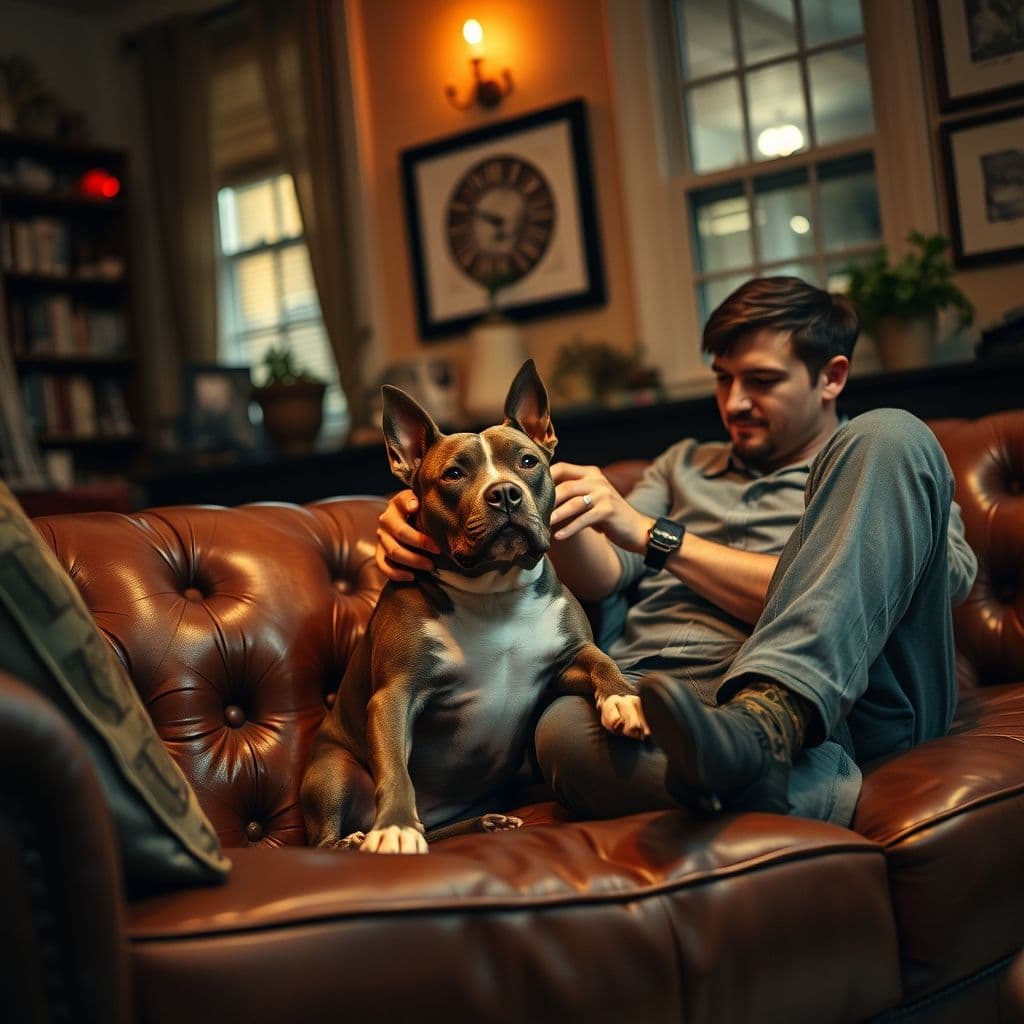 Pitbull descansando cómodamente en el sofá con su dueño