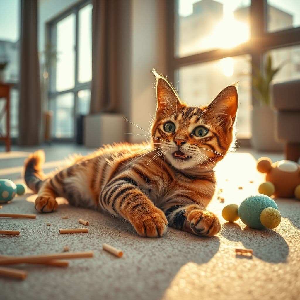 Gato jugando con un palito de matatabi y bolas de catnip